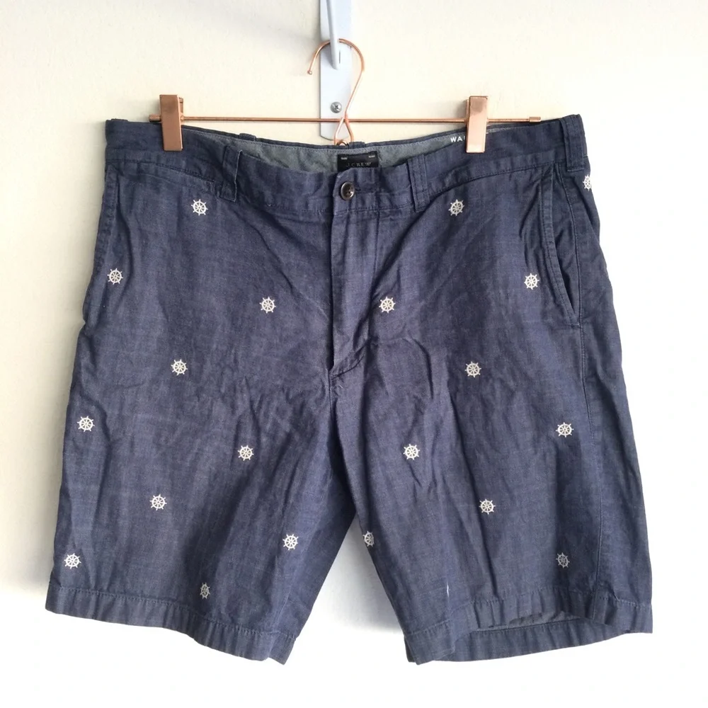 J. CREW Chambray Embroidered 9” Shorts Blue Waist 34